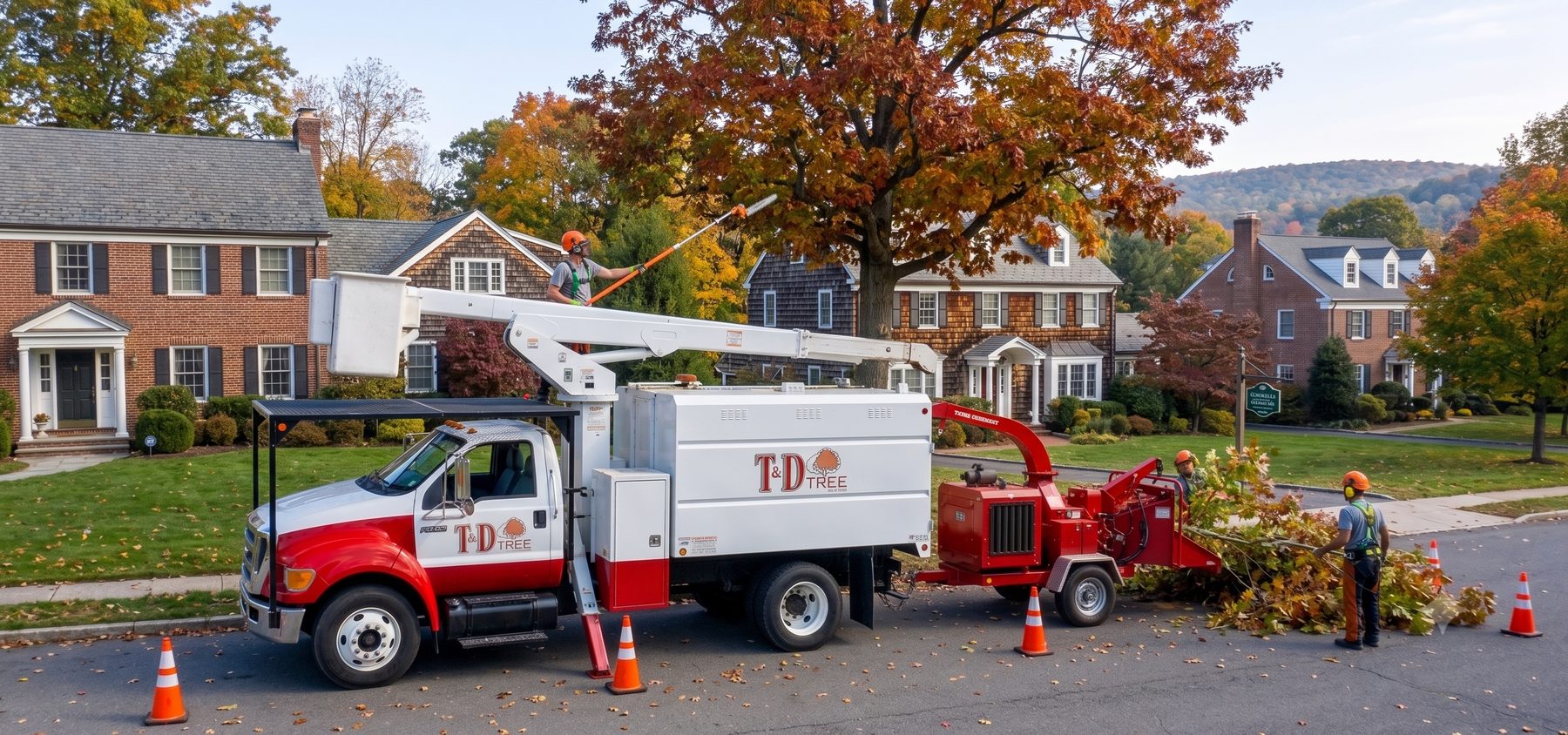T&D Tree Service crew clearing storm-damaged limbs at a Morris County NJ commercial property