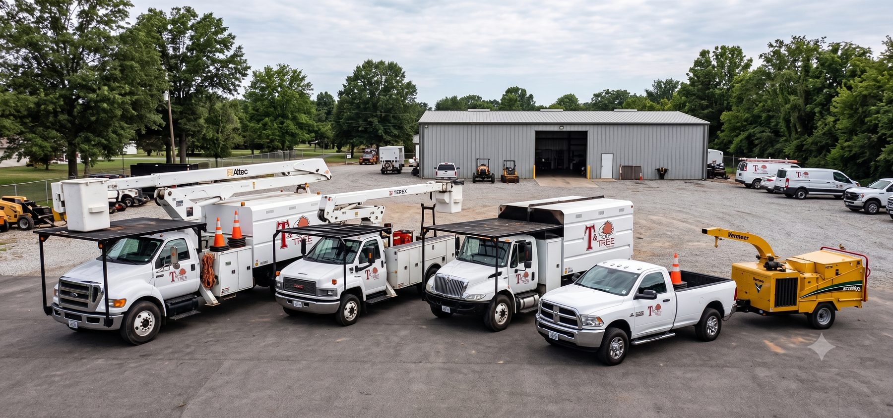 T&D Tree Service commercial fleet staged for scheduled HOA tree maintenance in Essex County NJ